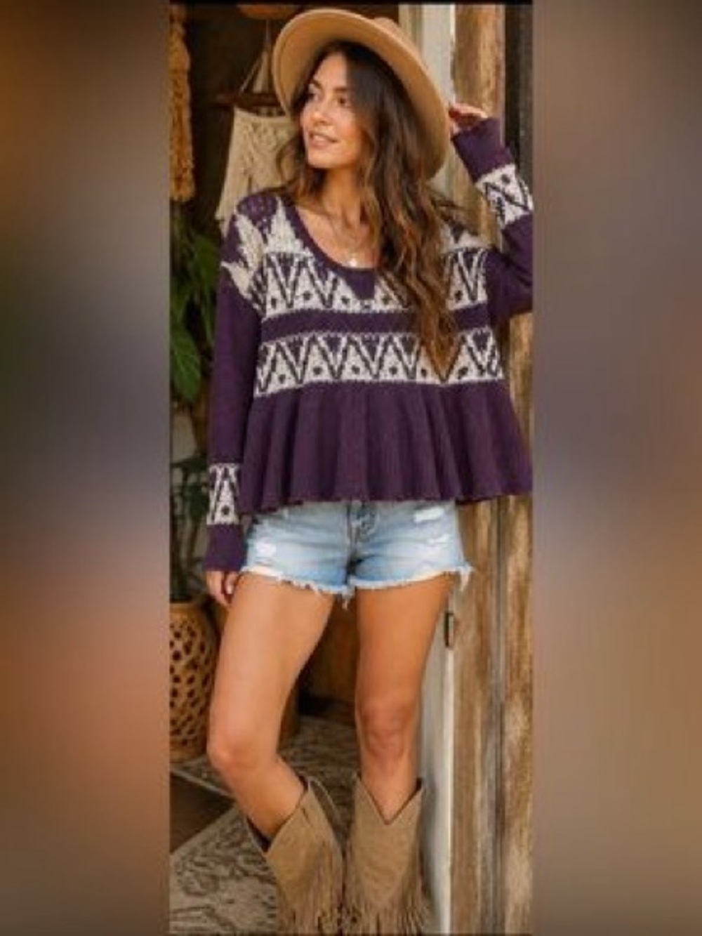 Free People Plum and Cream Patterned Knit Peplum Sweater size S